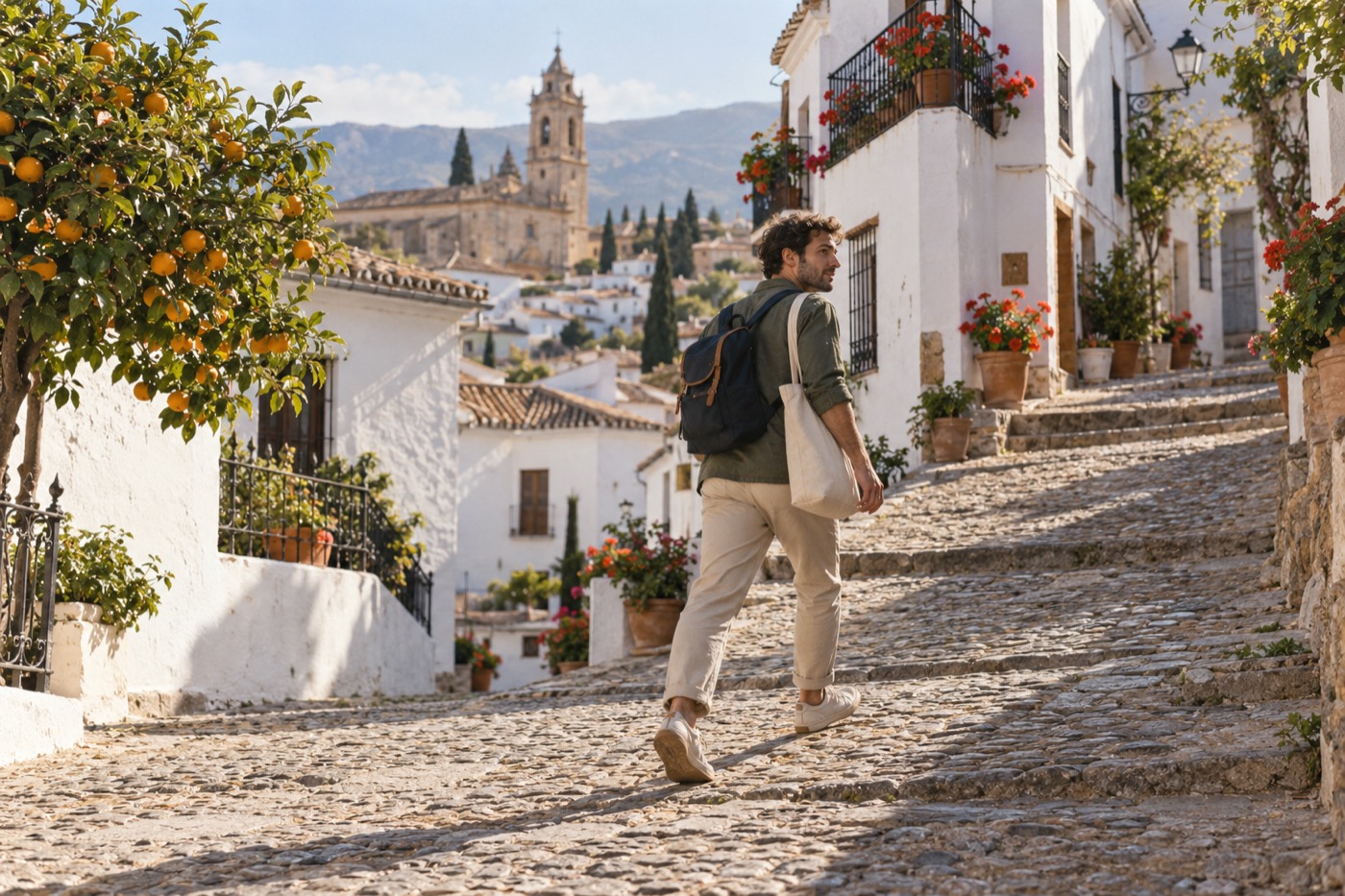 Un viajero con mochila y bolsa de tela sube una calle empedrada y soleada de un pueblo andaluz