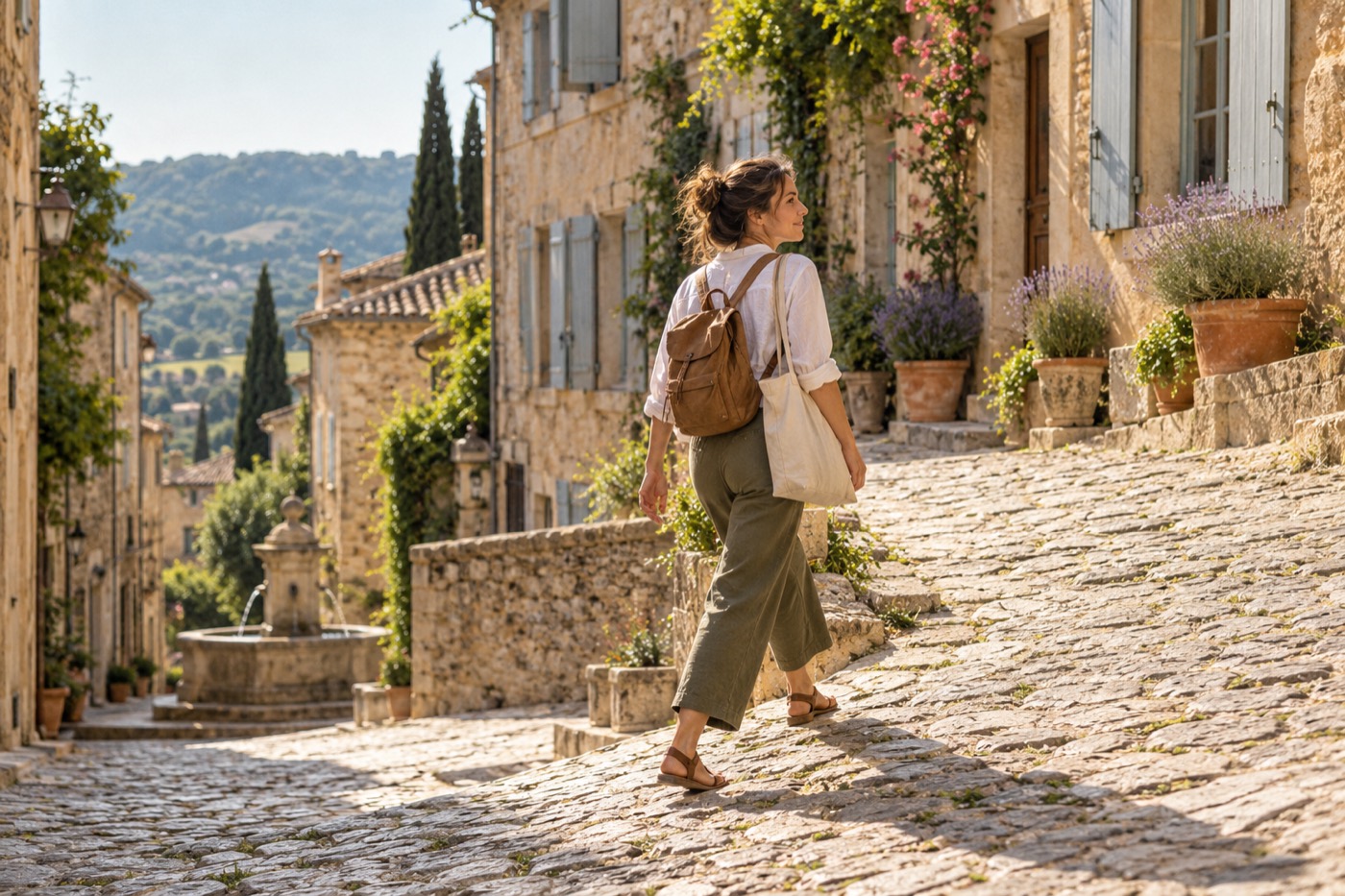 Une voyageuse avec un sac à dos et un sac en toile monte une ruelle pavée et ensoleillée d'un village de Provence